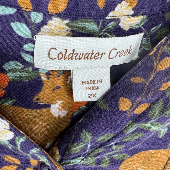 Coldwater Creek Womens Floral Deer Button Pintuck Top 2x Novelty Cottagecore - Picture 3 of 8